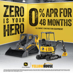 John Deere compact equipment financing offer with 0% APR for 48 months on eligible compact track loaders, skid steers, mini excavators and wheel loaders through September 30, 2026.