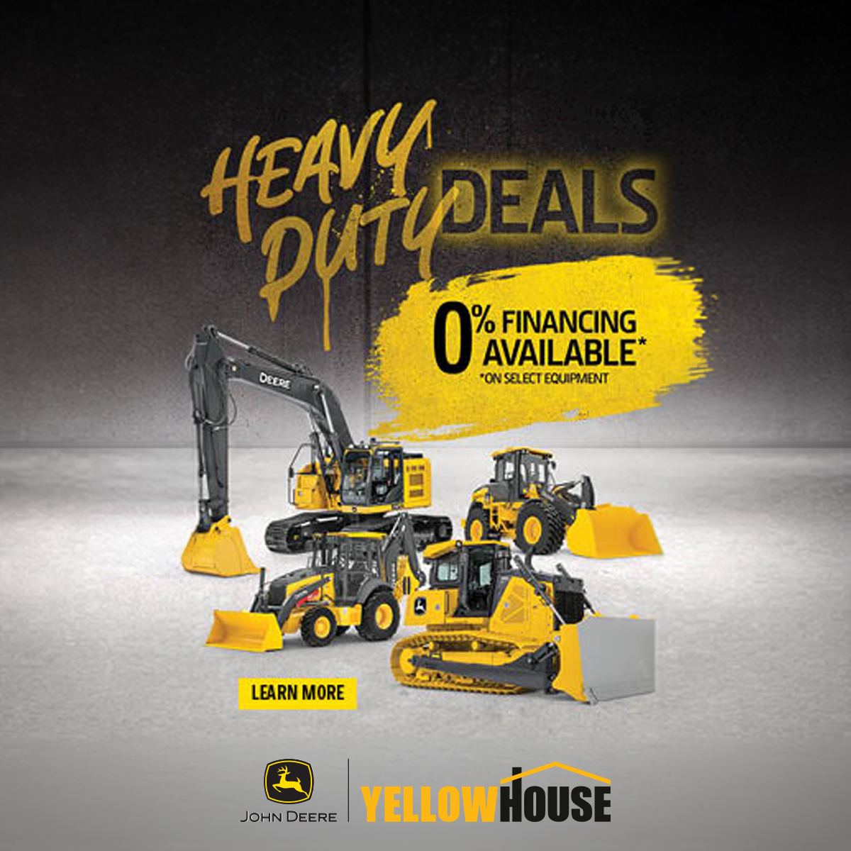 John Deere construction equipment financing promotion offering 0% APR for 36 or 48 months on eligible excavators, wheel loaders, dozers and other construction equipment through October 30, 2026.