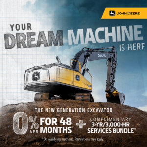 John Deere 210, 230 and 260 P-Tier excavator financing offer with 0% APR for 48 months and complimentary 3-year/3,000-hour Services Bundle