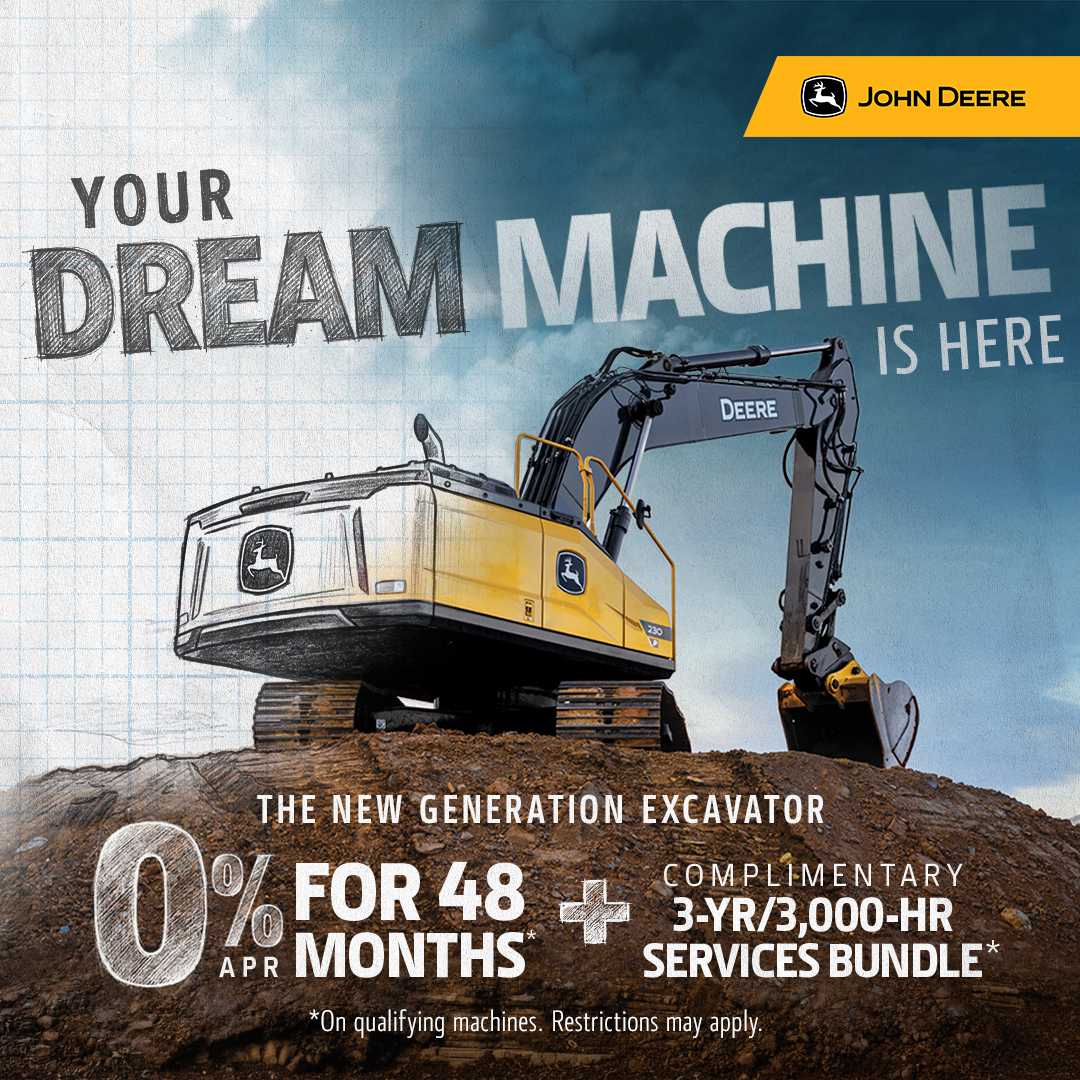 John Deere 210, 230 and 260 P-Tier excavator financing offer with 0% APR for 48 months and complimentary 3-year/3,000-hour Services Bundle